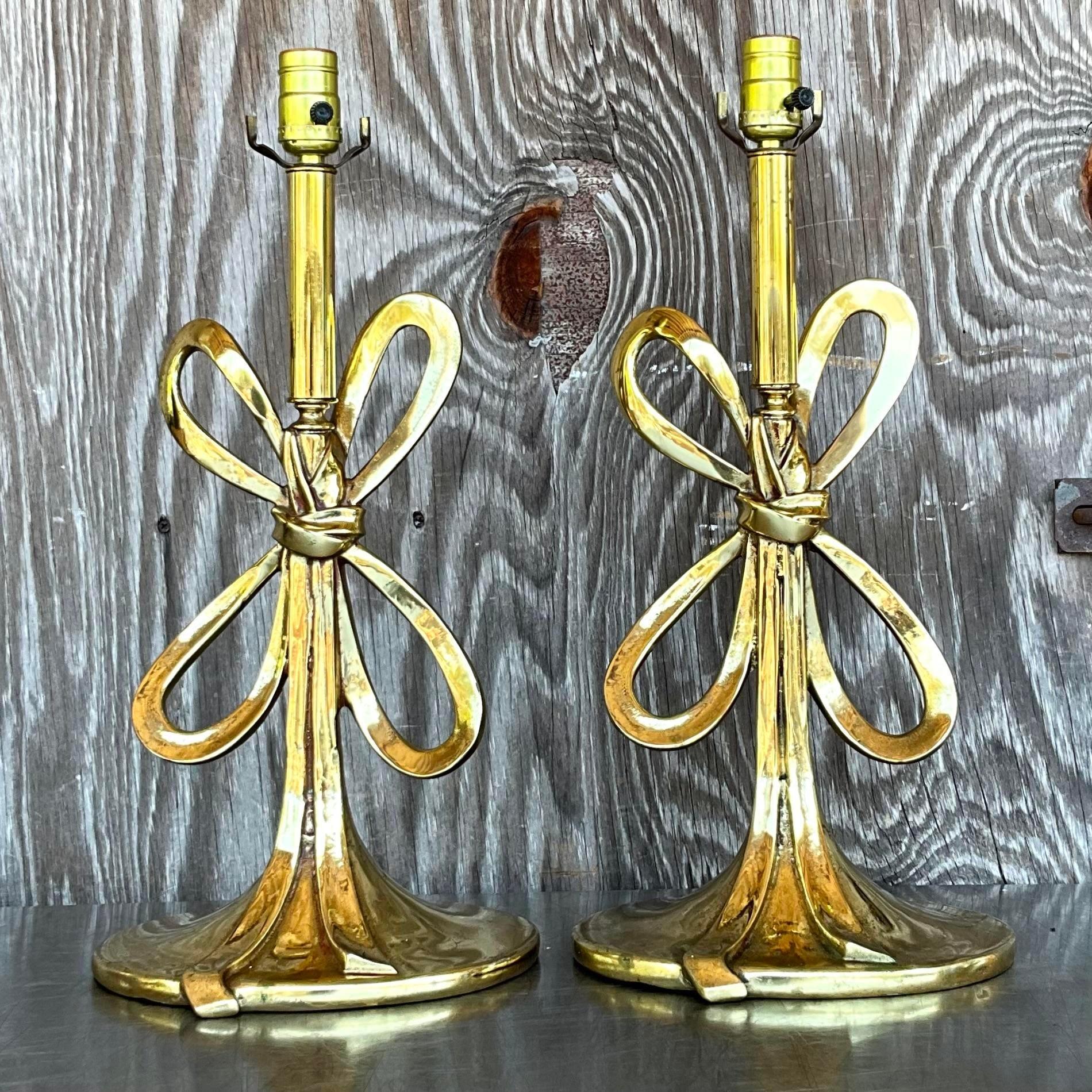 American Vintage Italian Regency Polished Brass Bow Lamps - a Pair