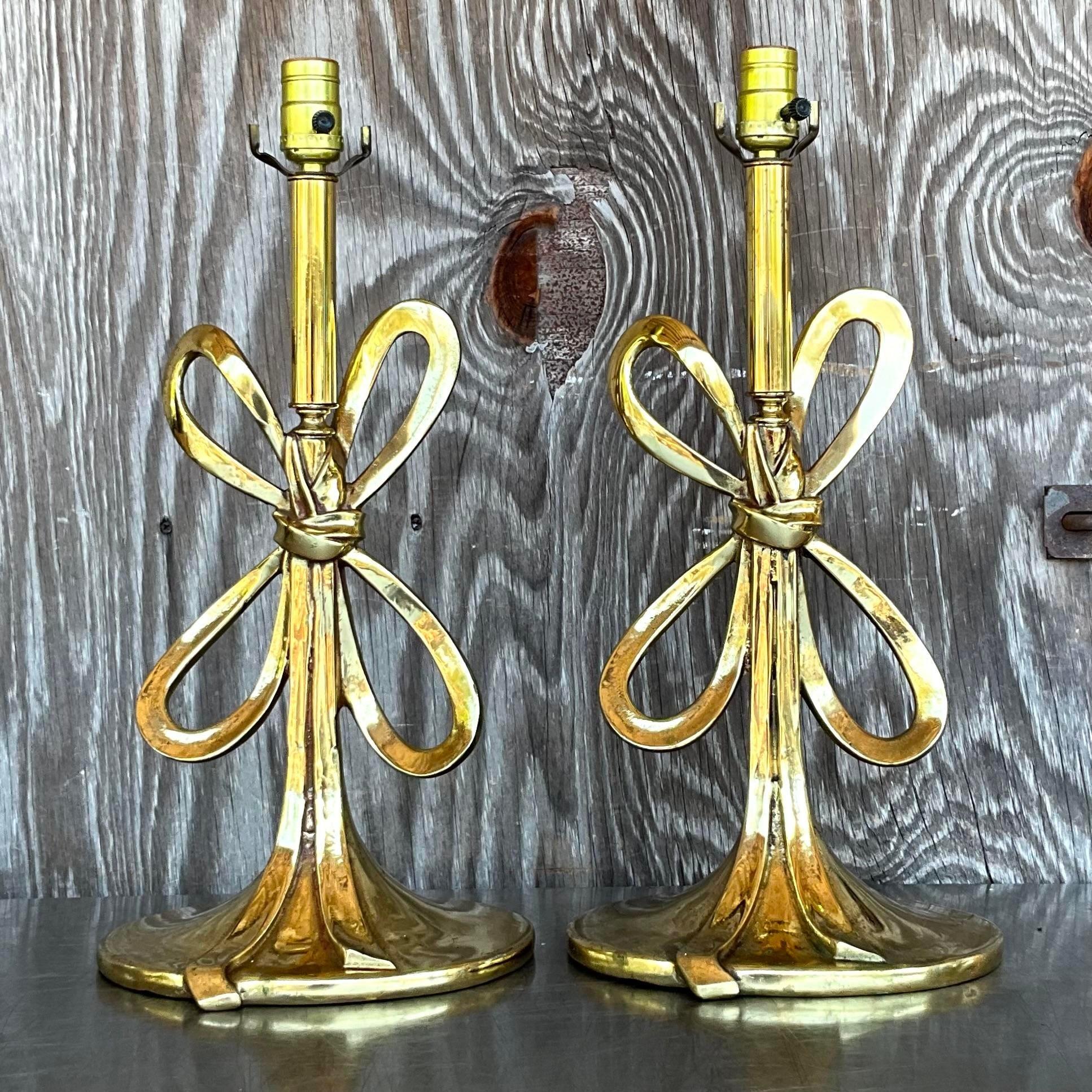 Vintage Italian Regency Polished Brass Bow Lamps - a Pair In Good Condition In west palm beach, FL