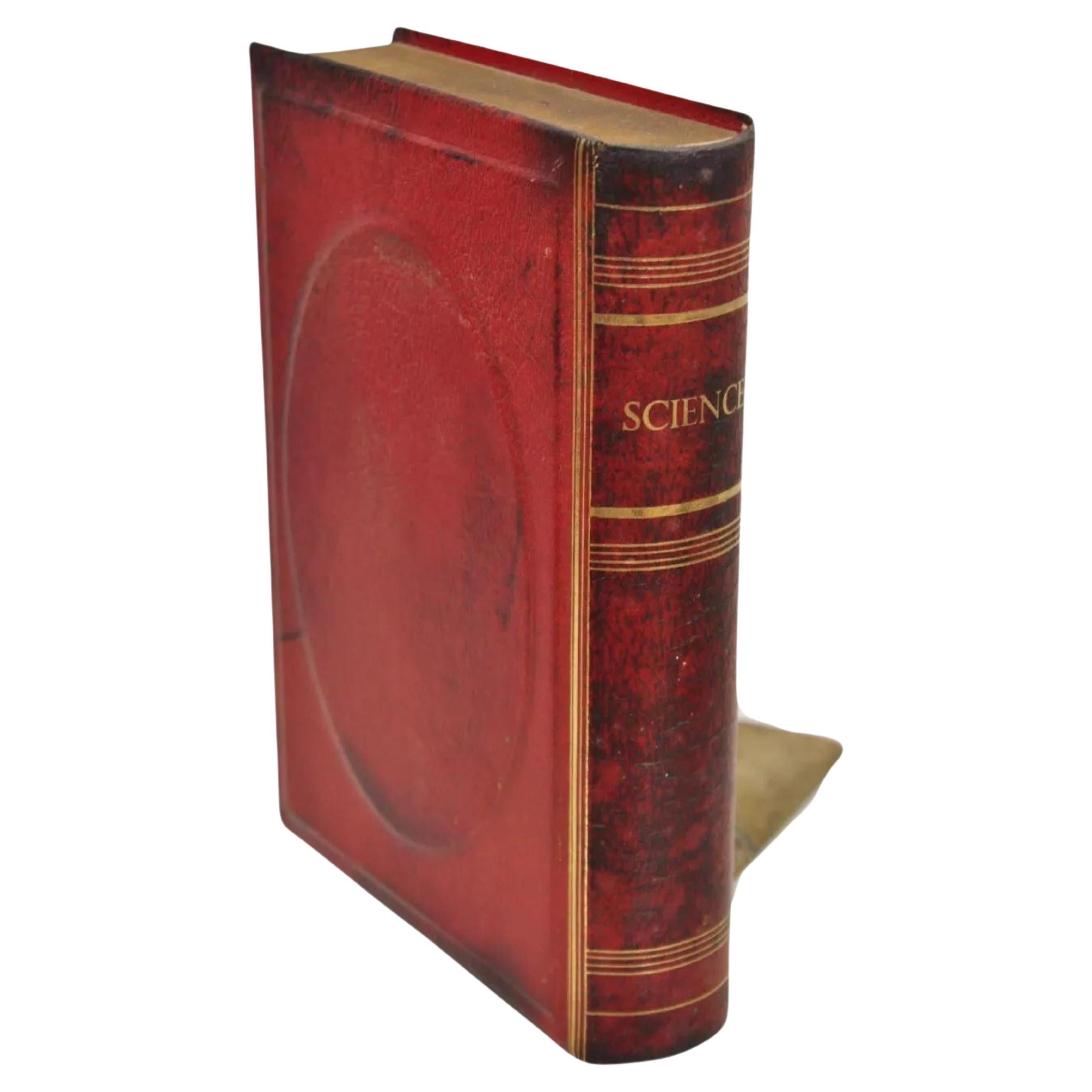 Vintage Italian Regency Red Leather Bound "Science" Faux Book Bookend For Sale