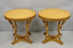 Vintage Italian Regency Round Leather Top Greek Key Carved Side Tables - a Pair