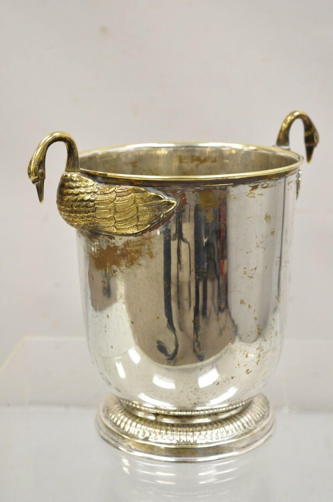 Vintage Italian Regency Silver Plated Champagne Chiller Ice Bucket with Brass Swans. Circa Mid 20th Century. Measurements: 10