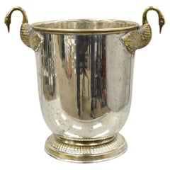 Vintage Italian Regency Silver Plated Champagne Chiller Ice Bucket w Brass Swans (seau à glace en laiton)