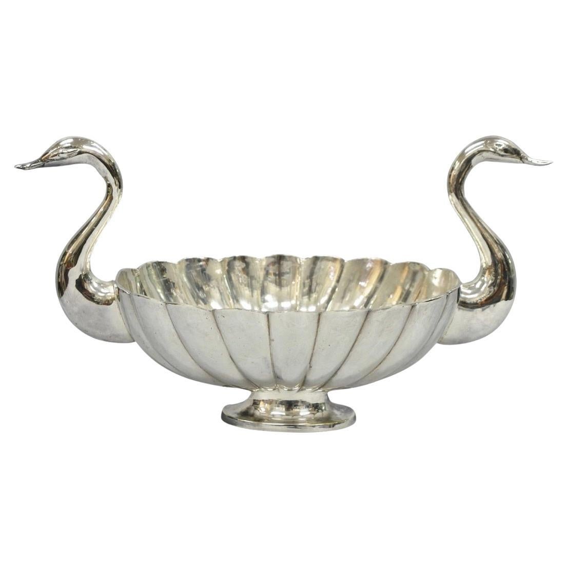 Vintage Italian Regency Silver Plated Figural Double Swan Bird Oval Fruit Bowl (Fruttiera ovale con uccello)