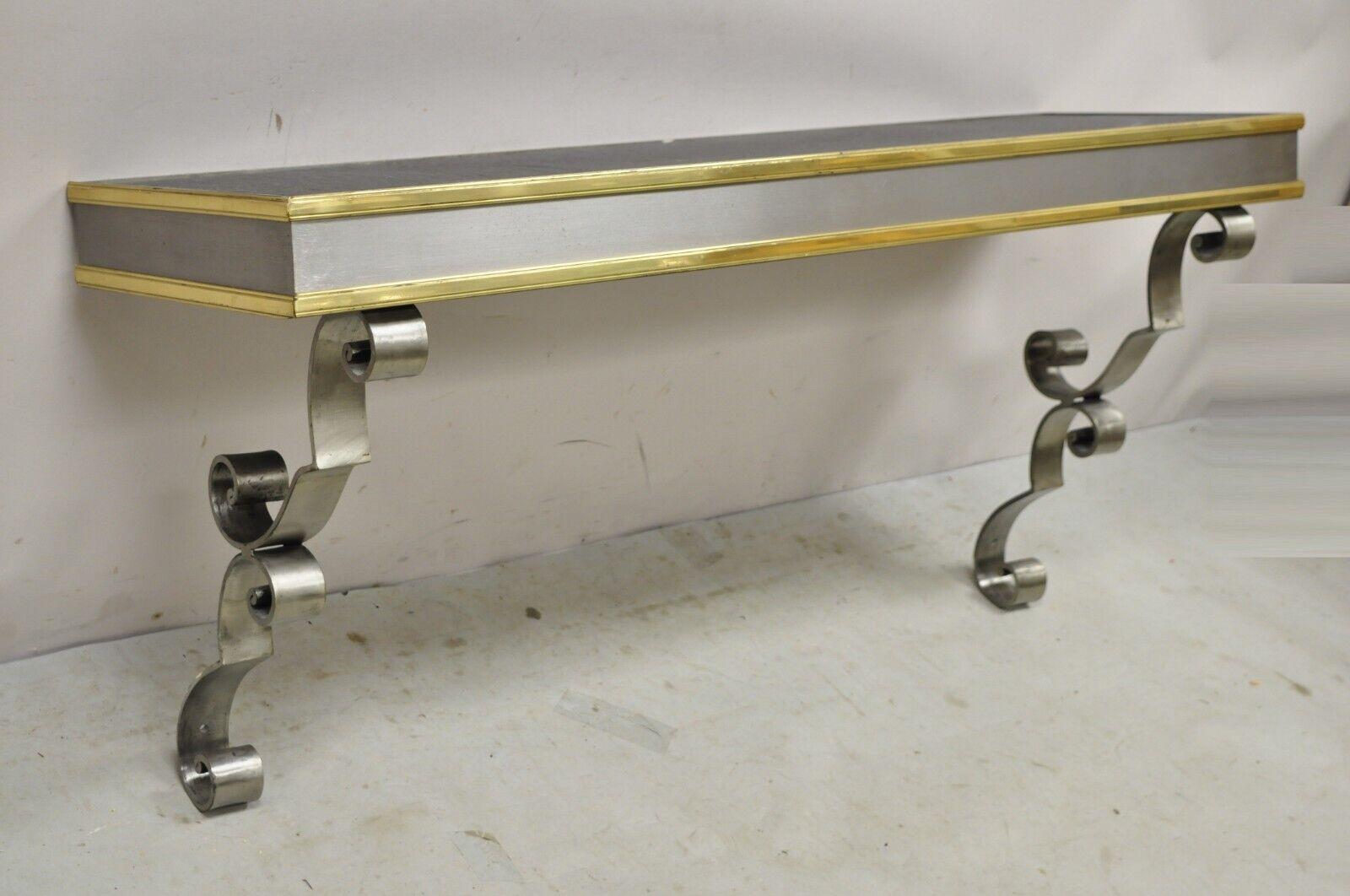 Vintage Italian Regency Steel and Brass Wall Mount Console Table with Slate Top For Sale 8