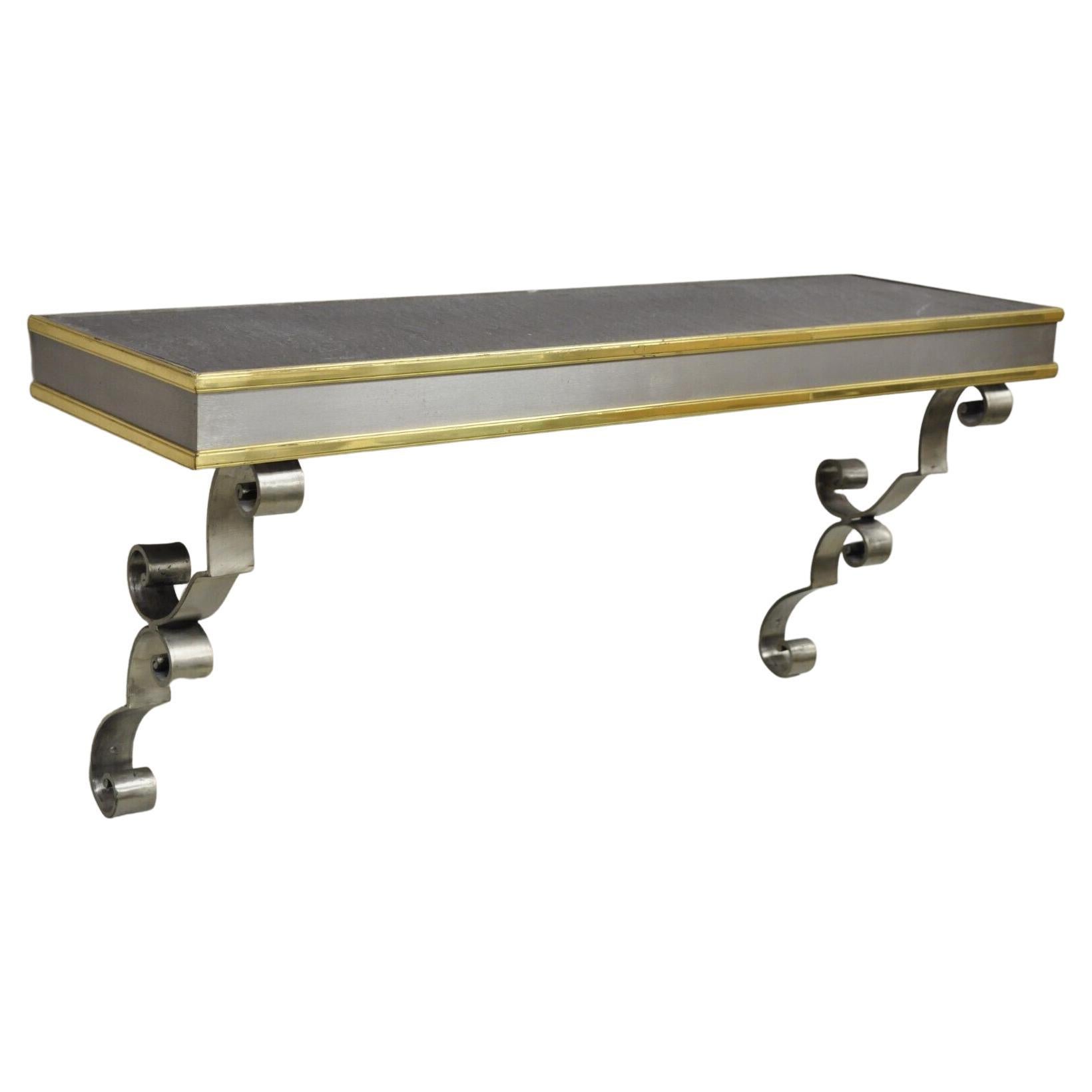 Vintage Italian Regency Steel and Brass Wall Mount Console Table with Slate Top For Sale