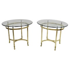 Vintage Italian Regency Style Brass Oval Glass Top Side End Tables - a Pair