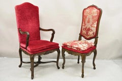 Vintage Italian Regency Style Carved Walnut Red Fabric Dining Chairs - Set of 6