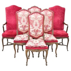 Vintage Italian Regency Style Carved Walnut Red Fabric Dining Chairs - Set of 6
