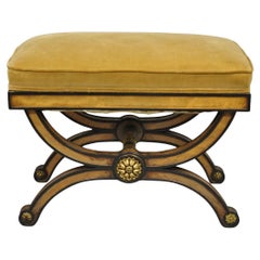 Vintage Italian Regency Style Curule Carved Walnut Upholstered X-Bench Stool