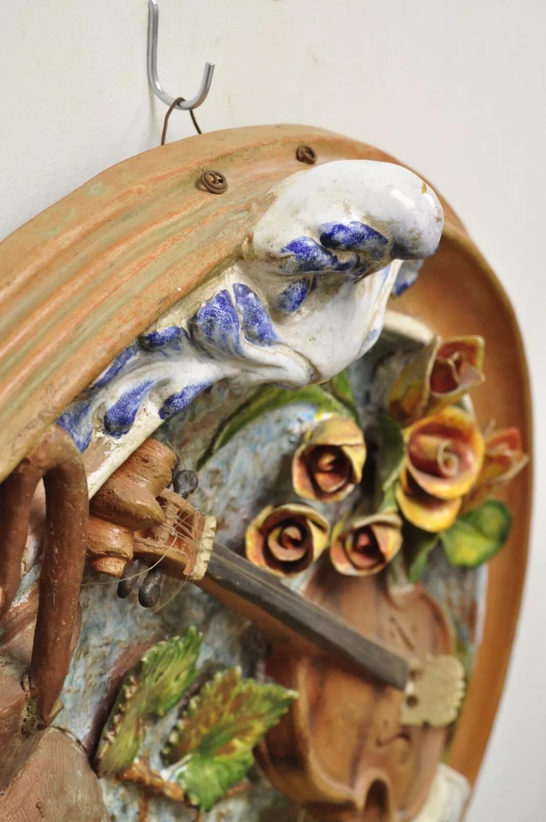 Vintage Italian Regency Style Glazed Terracotta Fruit & Violin Wall Art Plaque For Sale 6