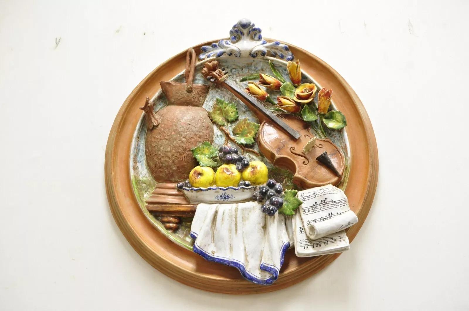 Unknown Vintage Italian Regency Style Glazed Terracotta Fruit & Violin Wall Art Plaque For Sale