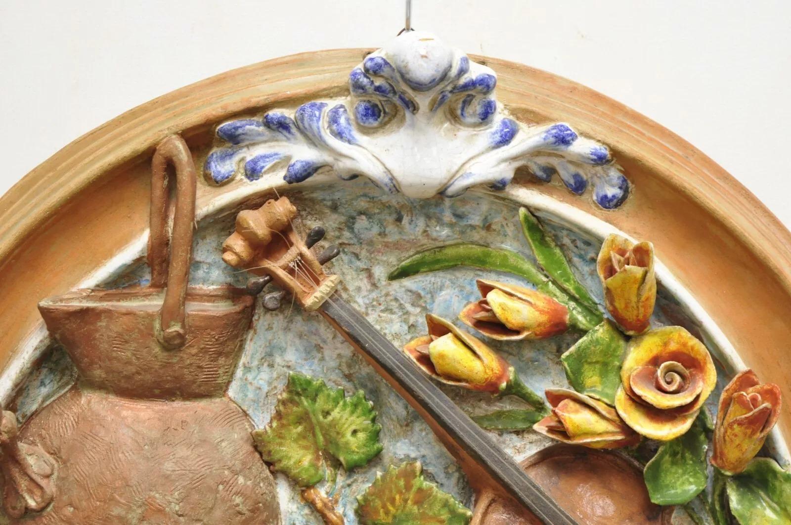 Vintage Italian Regency Style Glazed Terracotta Fruit & Violin Wall Art Plaque In Good Condition For Sale In Philadelphia, PA