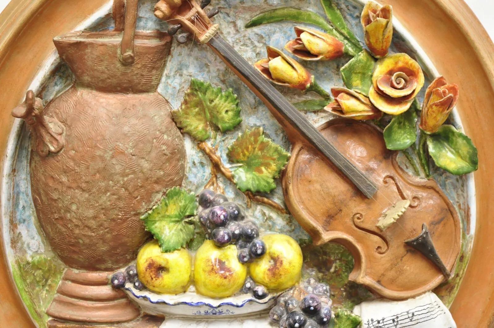 20th Century Vintage Italian Regency Style Glazed Terracotta Fruit & Violin Wall Art Plaque For Sale