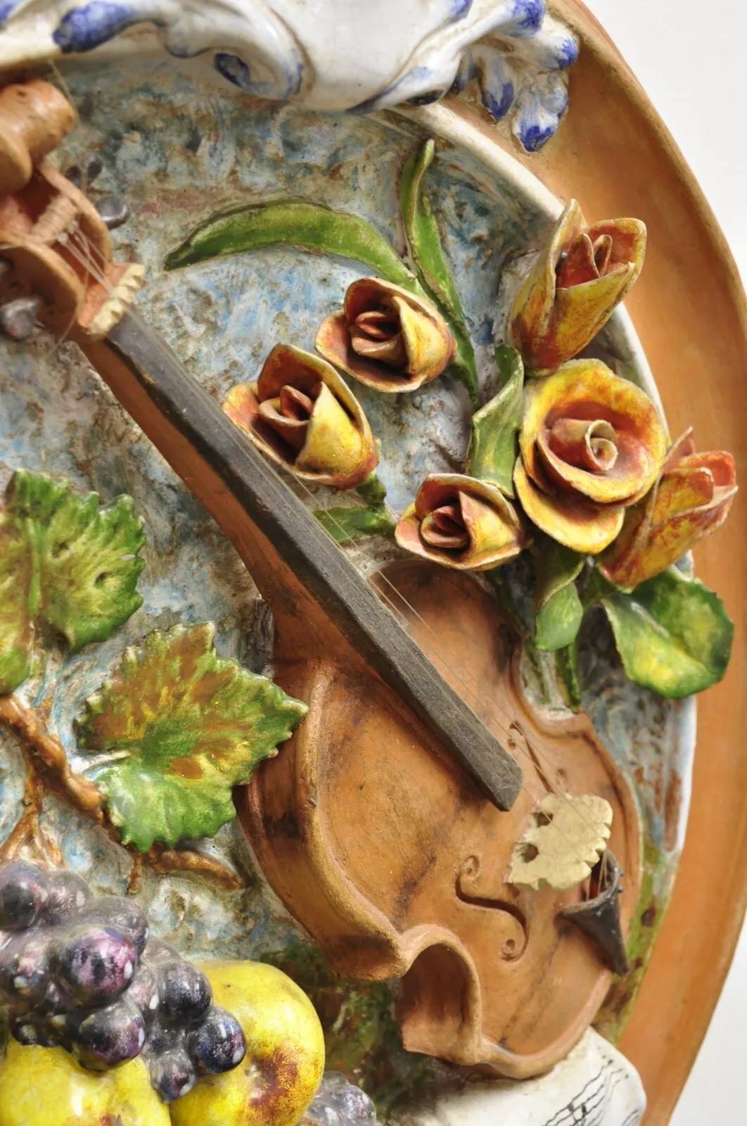 Vintage Italian Regency Style Glazed Terracotta Fruit & Violin Wall Art Plaque For Sale 1