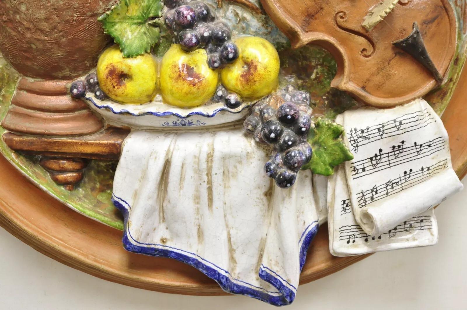 Vintage Italian Regency Style Glazed Terracotta Fruit & Violin Wall Art Plaque For Sale 2