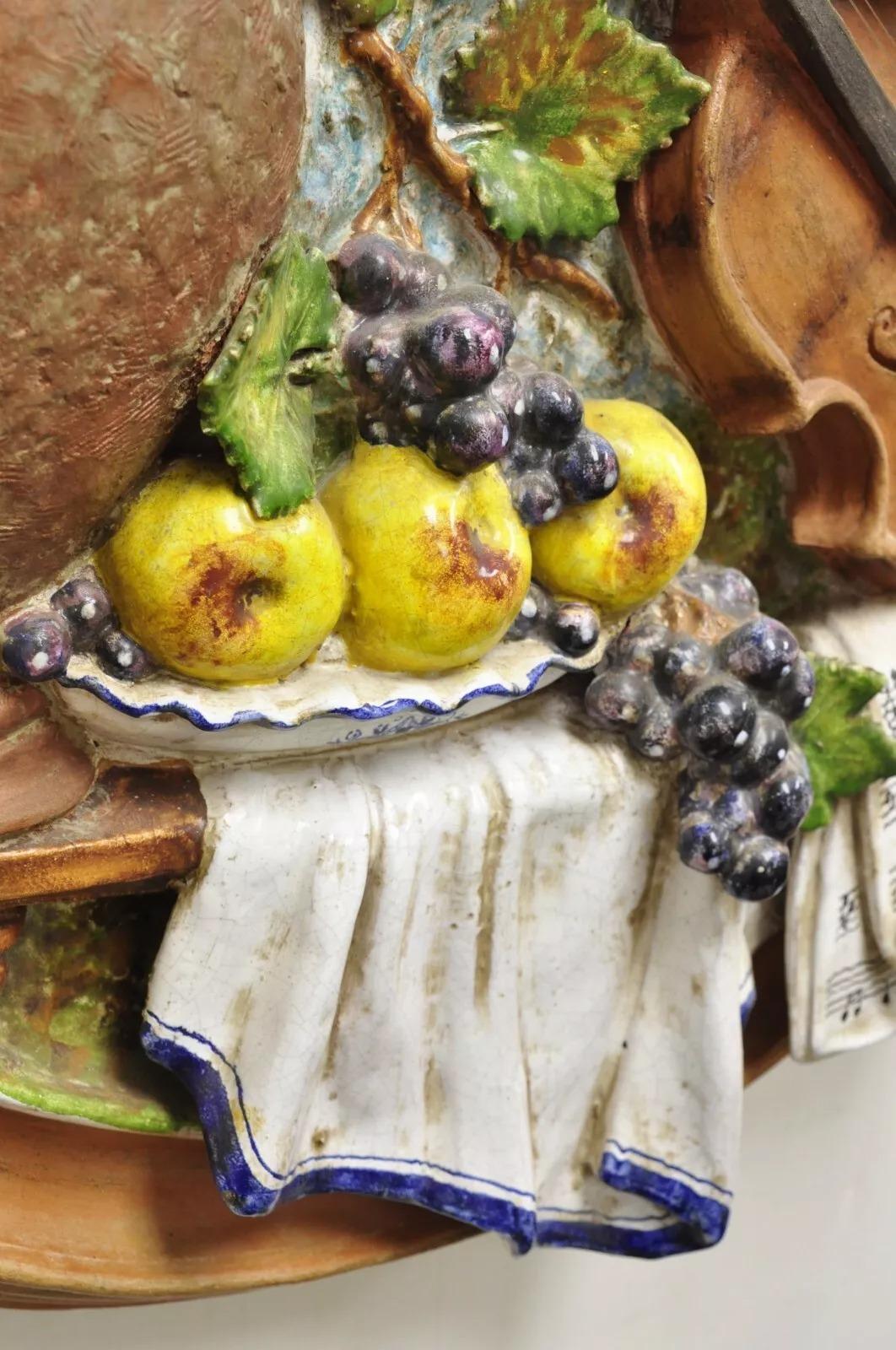 Vintage Italian Regency Style Glazed Terracotta Fruit & Violin Wall Art Plaque For Sale 3