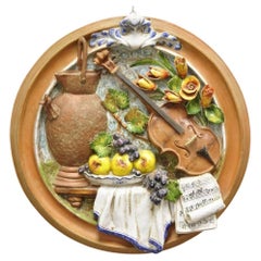 Vintage Italian Regency Style Glazed Terracotta Fruit & Violin Wall Art Plaque