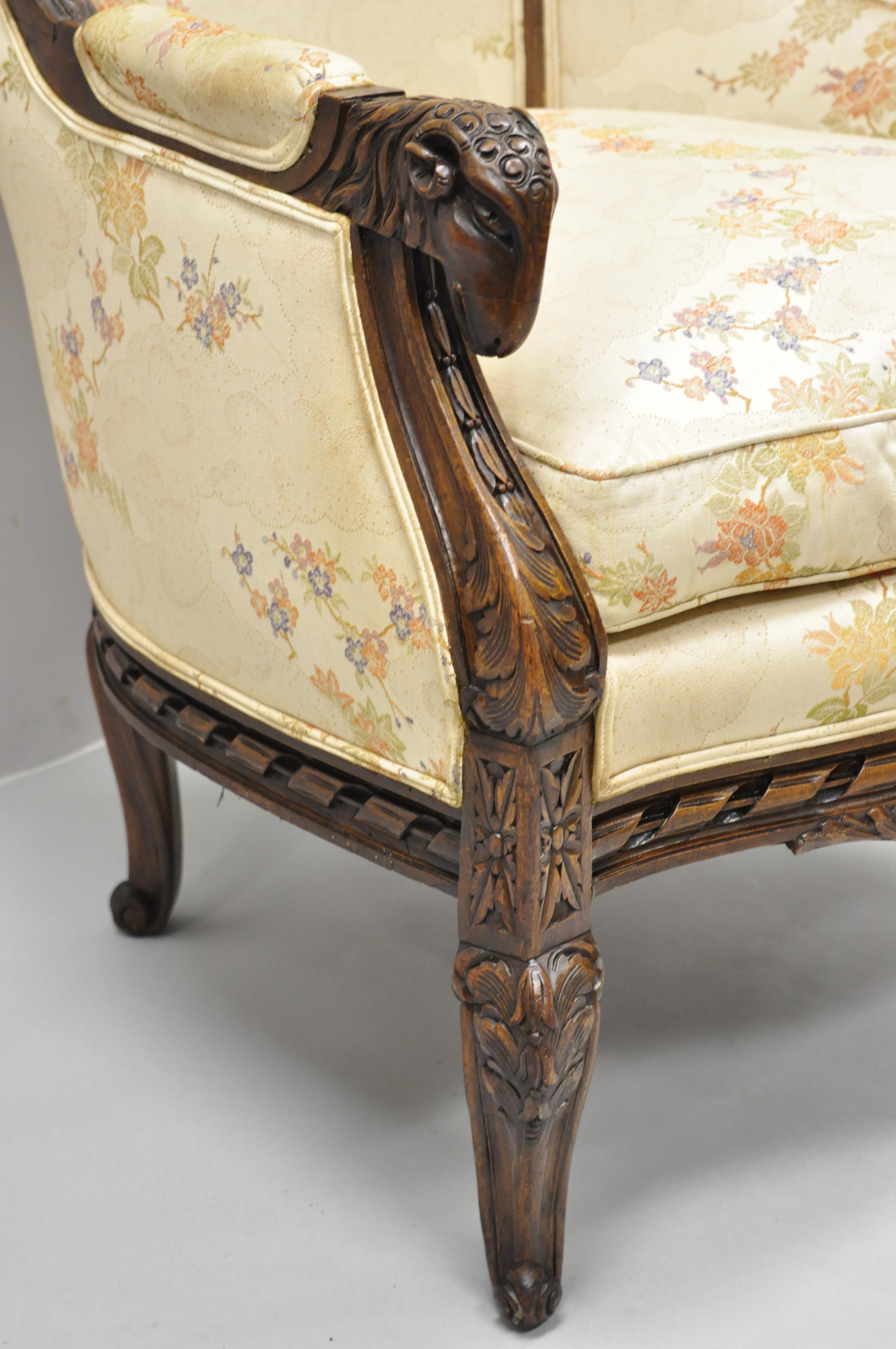 Vintage Italian Regency Style Rams Head Carved Walnut Wingback Bergere Arm Chair For Sale 4