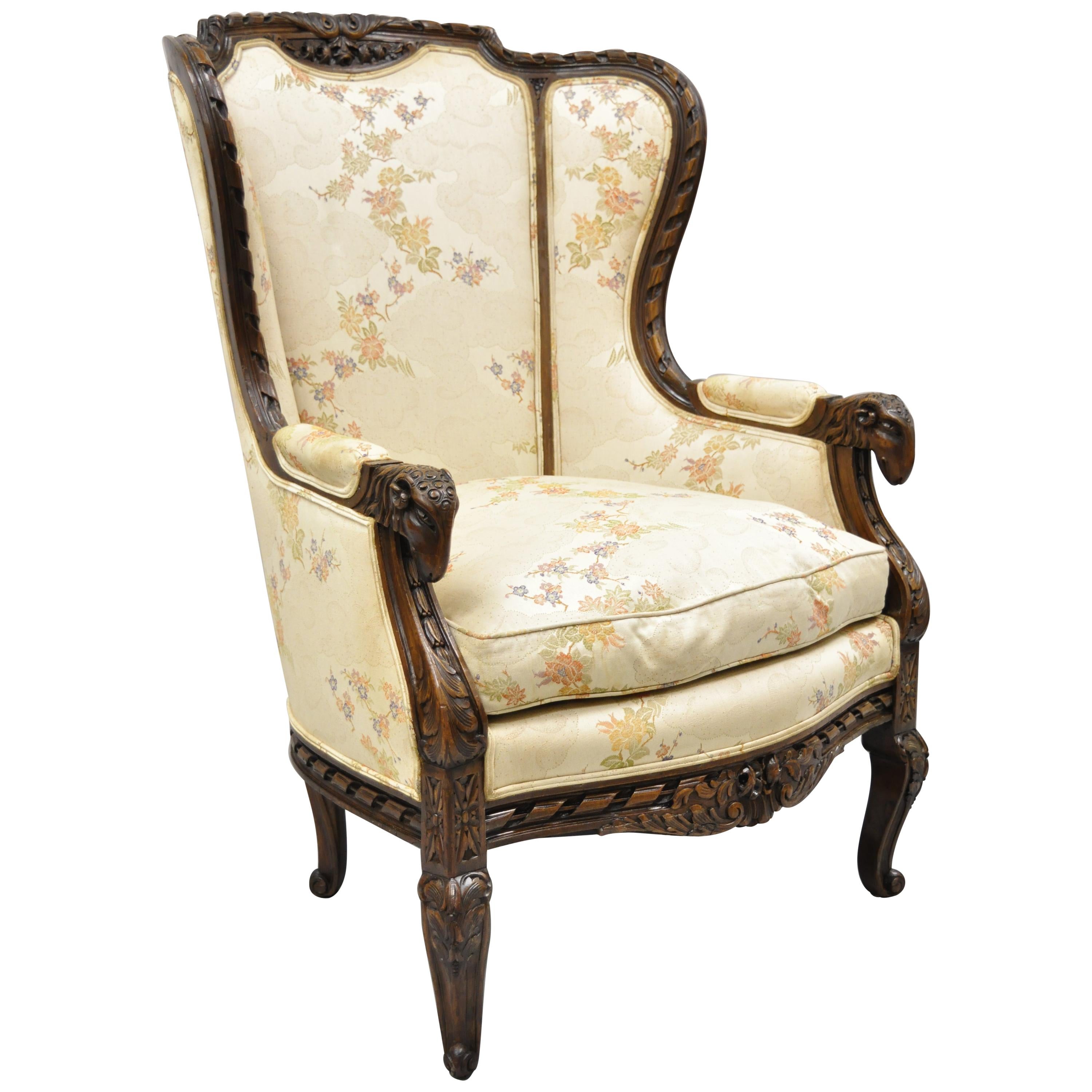 Vintage Italian Regency Style Rams Head Carved Walnut Wingback Bergere Arm Chair For Sale