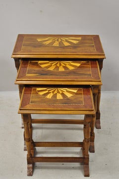 Vintage Italian Regency Sunburst Inlay Nesting Side End Tables, Set of 3