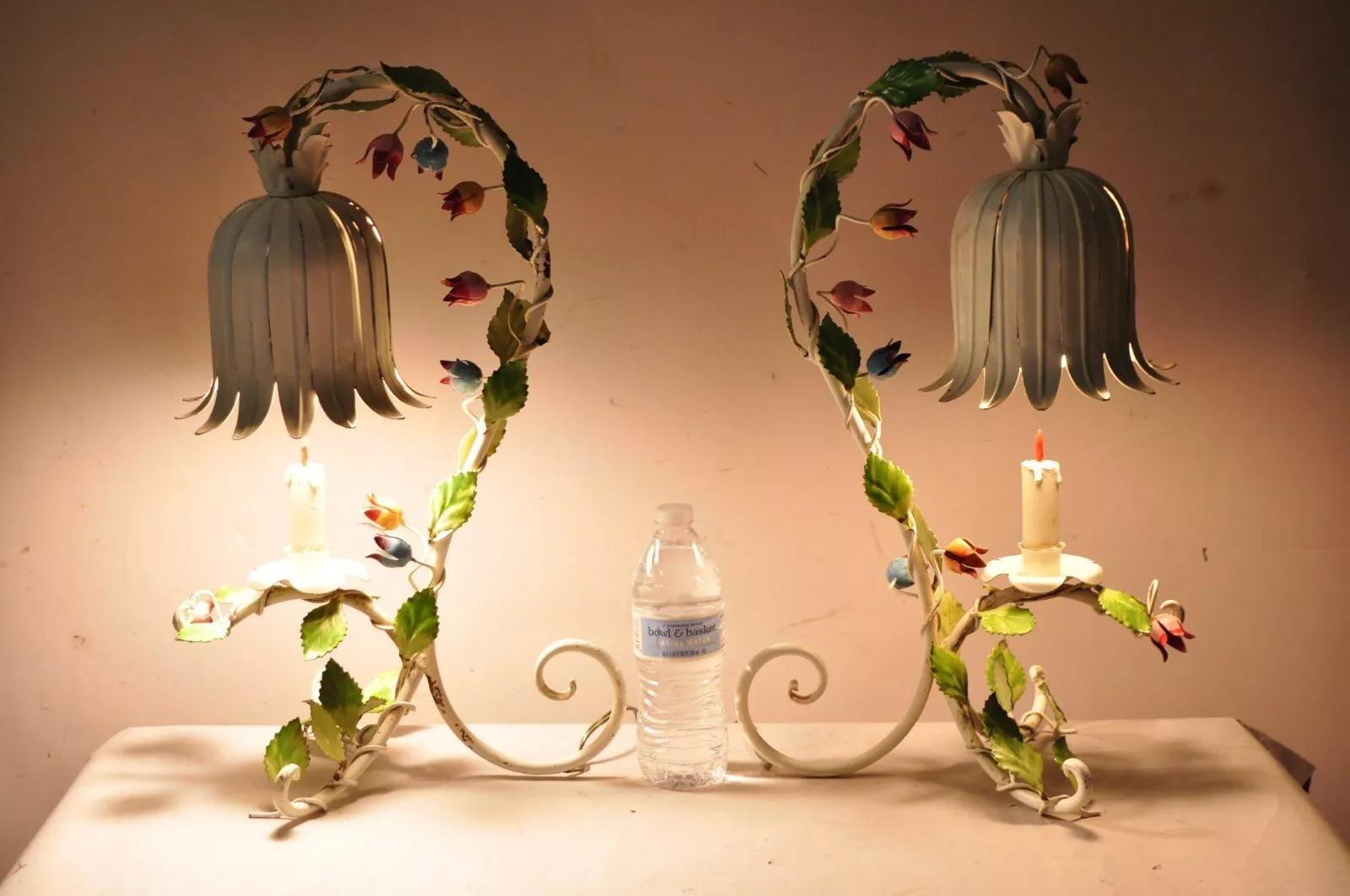 Vintage Italian Regency Tole Metal Flower Table Lamp w/ Tulip Shade - A Pair. Circa Early 20th Century. Measurements: 21
