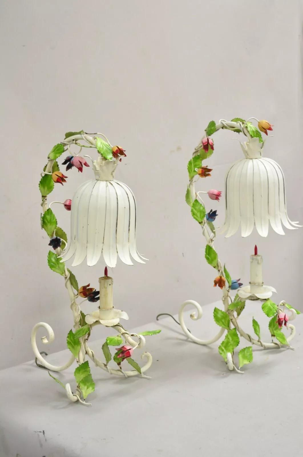 Unknown Vintage Italian Regency Tole Metal Flower Table Lamp w/ Tulip Shade - A Pair For Sale