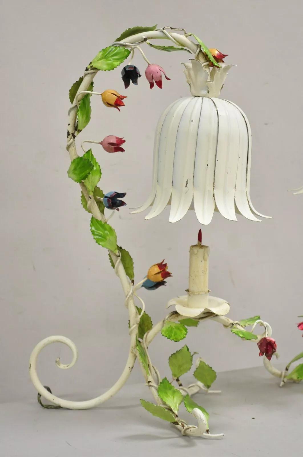 Vintage Italian Regency Tole Metal Flower Table Lamp w/ Tulip Shade - A Pair In Good Condition For Sale In Philadelphia, PA