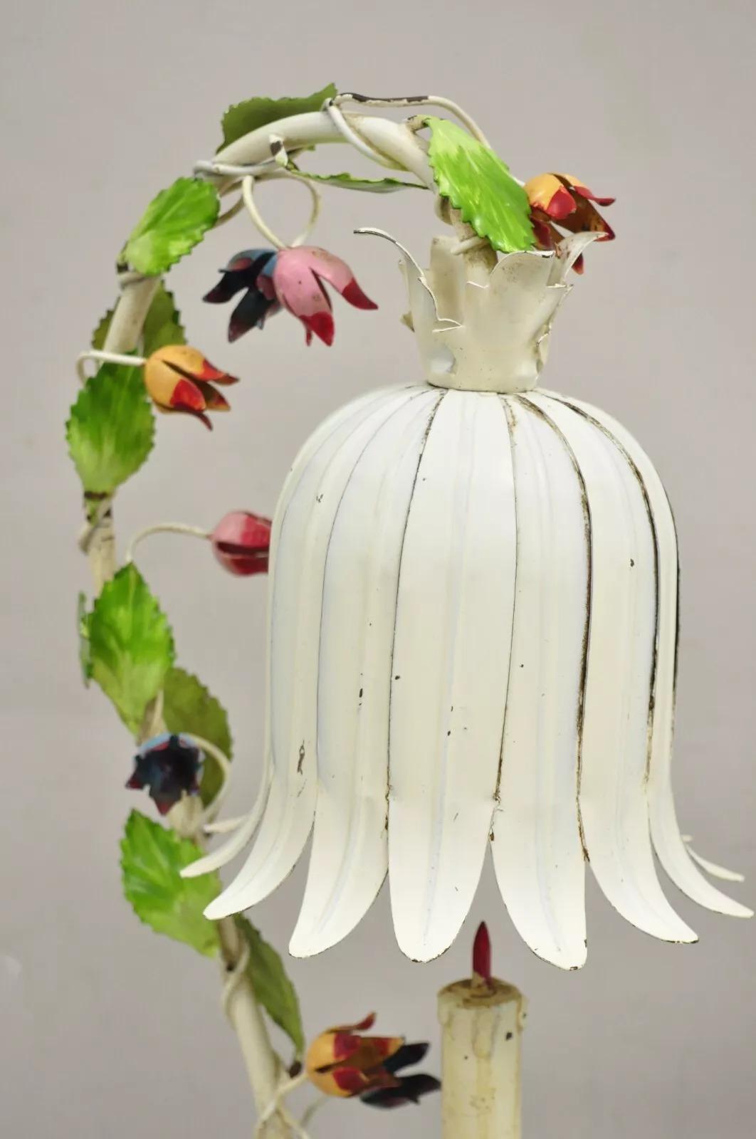 20th Century Vintage Italian Regency Tole Metal Flower Table Lamp w/ Tulip Shade - A Pair For Sale