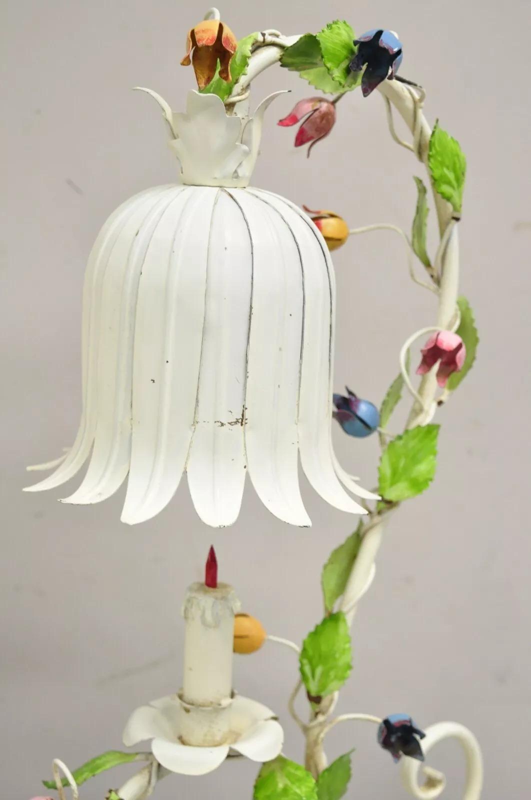 Vintage Italian Regency Tole Metal Flower Table Lamp w/ Tulip Shade - A Pair For Sale 1