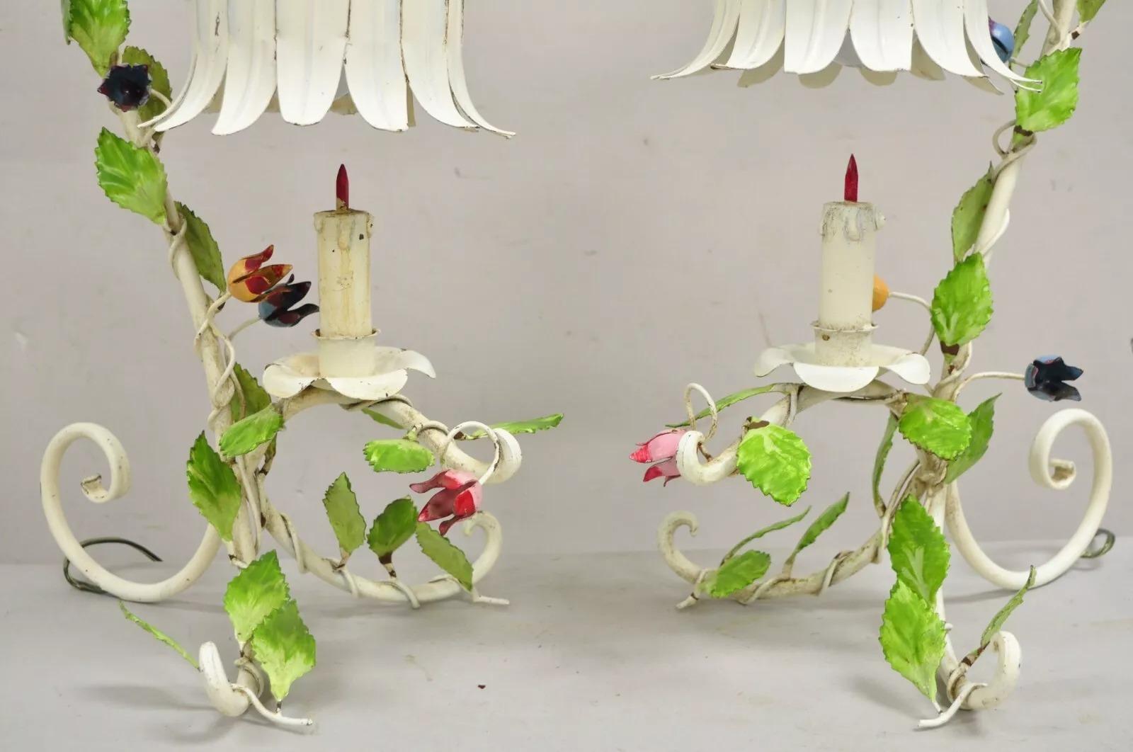 Vintage Italian Regency Tole Metal Flower Table Lamp w/ Tulip Shade - A Pair For Sale 2