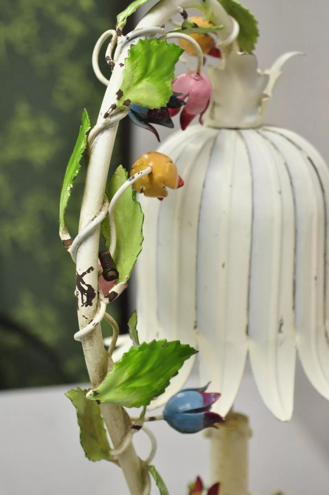 Vintage Italian Regency Tole Metal Flower Table Lamp w/ Tulip Shade - A Pair For Sale 3