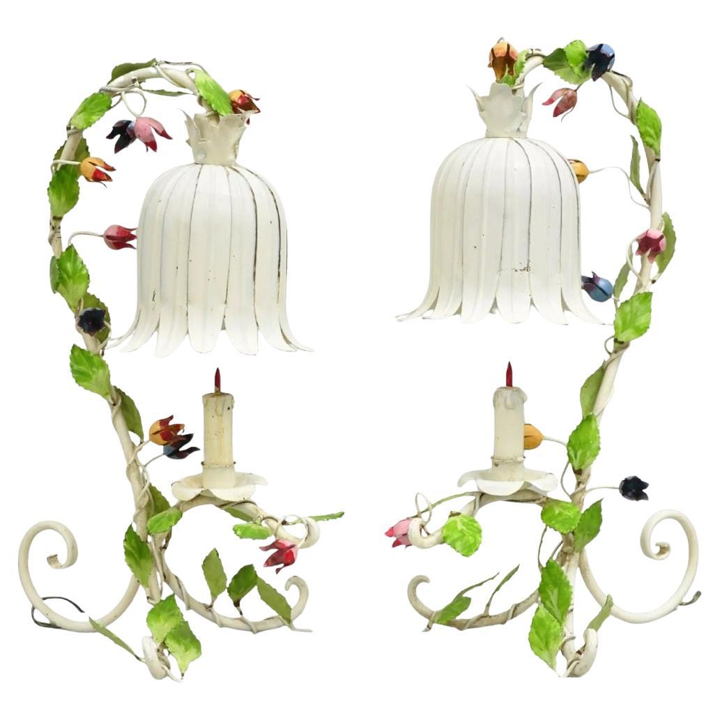Vintage Italian Regency Tole Metal Flower Table Lamp w/ Tulip Shade - A Pair