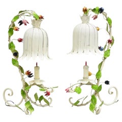 Vintage Italian Regency Tole Metal Flower Table Lamp w/ Tulip Shade - A Pair