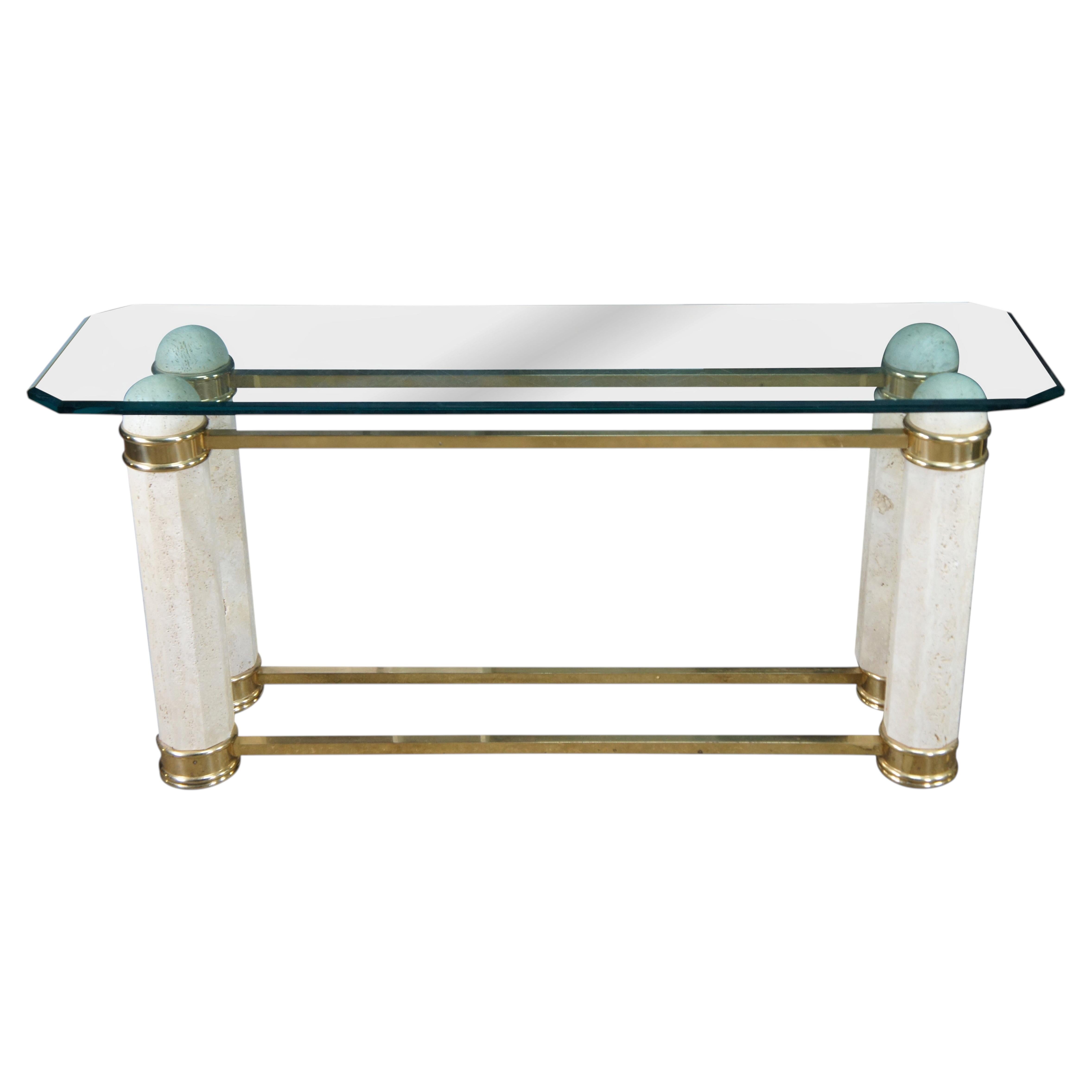 Vintage Italian Regency Travertine Stone Brass & Glass Console Hall Sofa Table For Sale