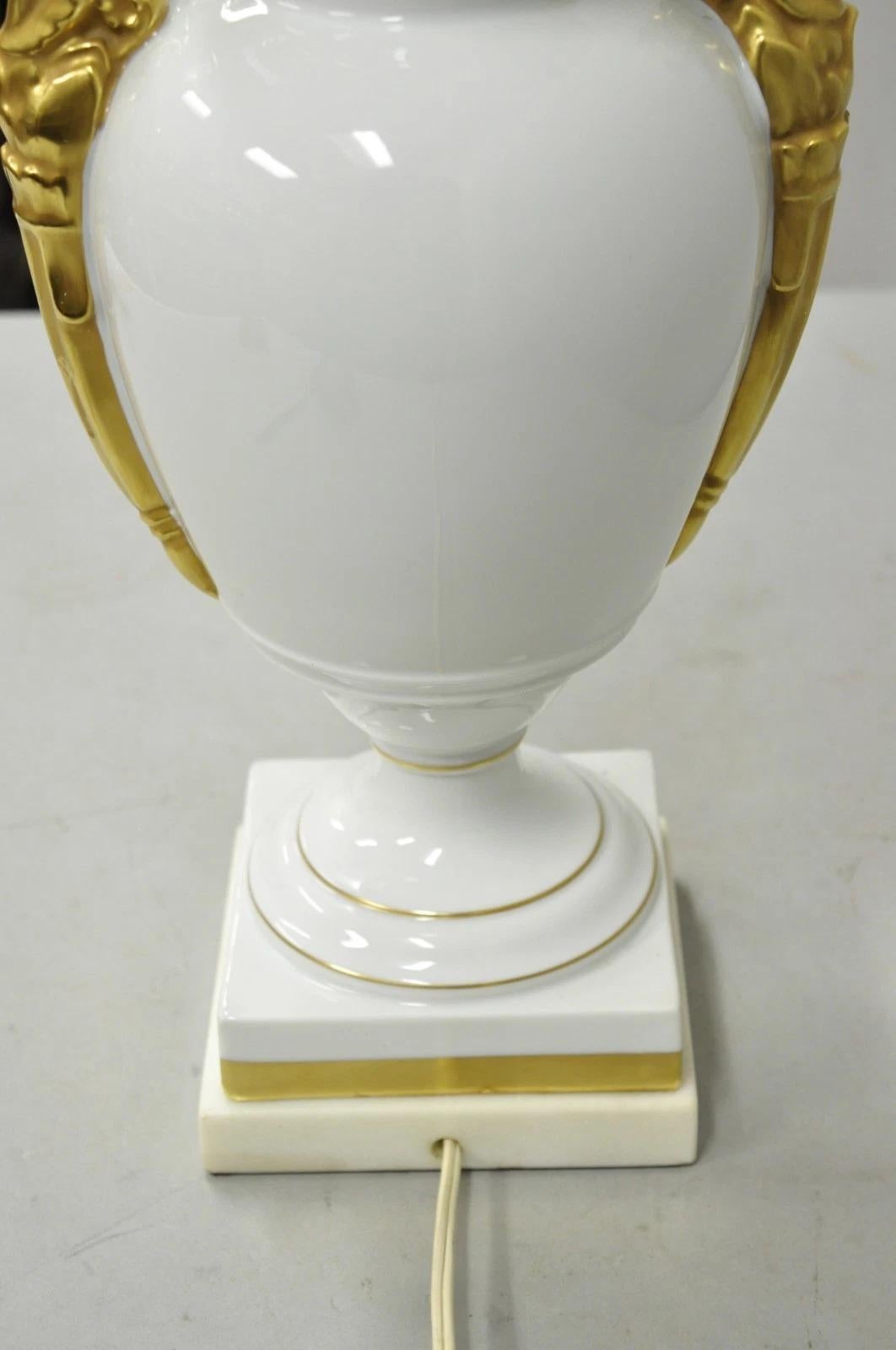 Vintage Italian Regency White Gold French Porcelain Urn Marble Base Table Lamp For Sale 4