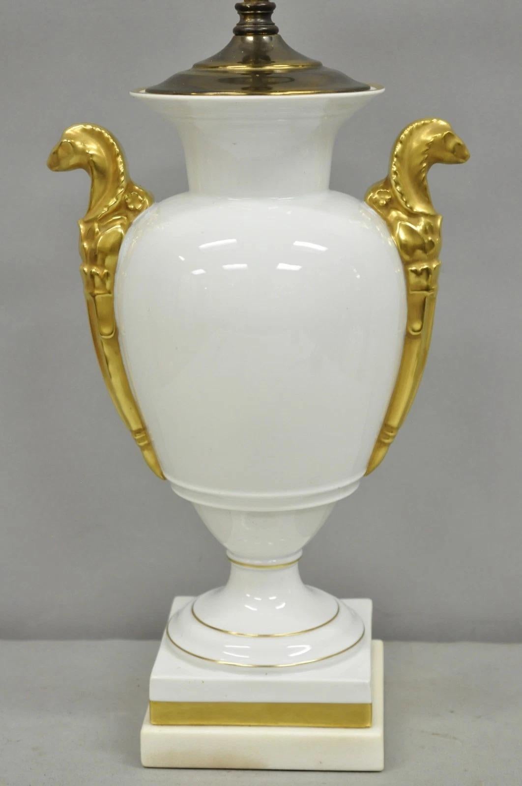 20th Century Vintage Italian Regency White Gold French Porcelain Urn Marble Base Table Lamp For Sale