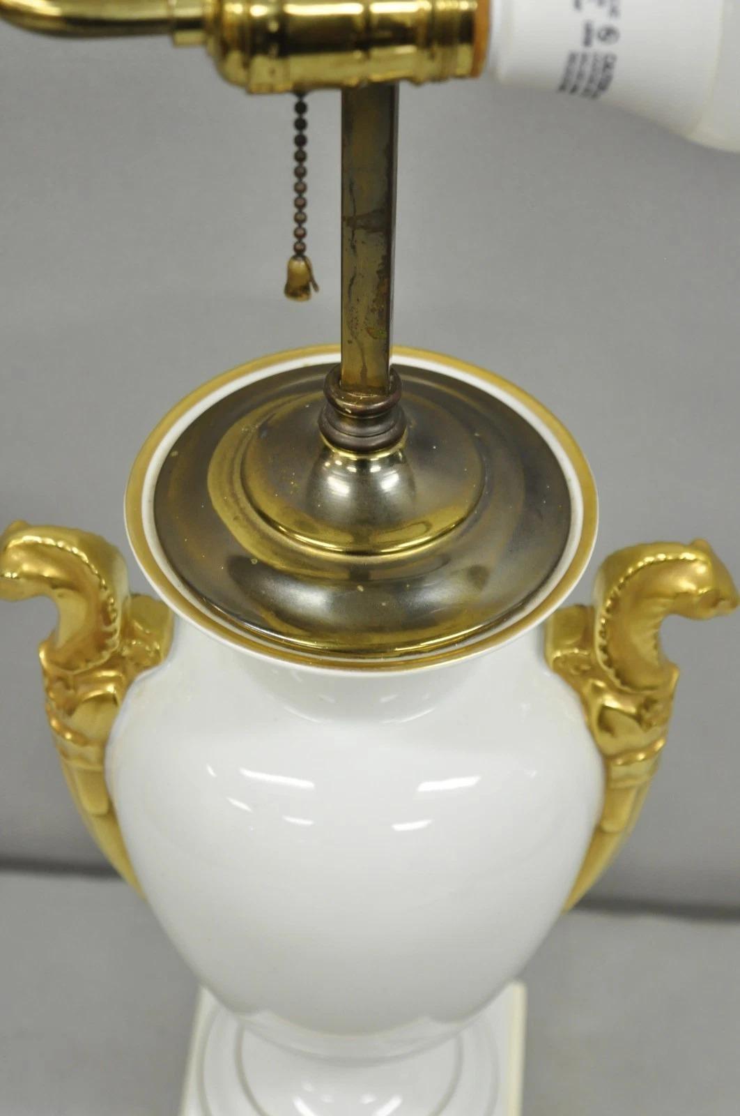 Brass Vintage Italian Regency White Gold French Porcelain Urn Marble Base Table Lamp For Sale