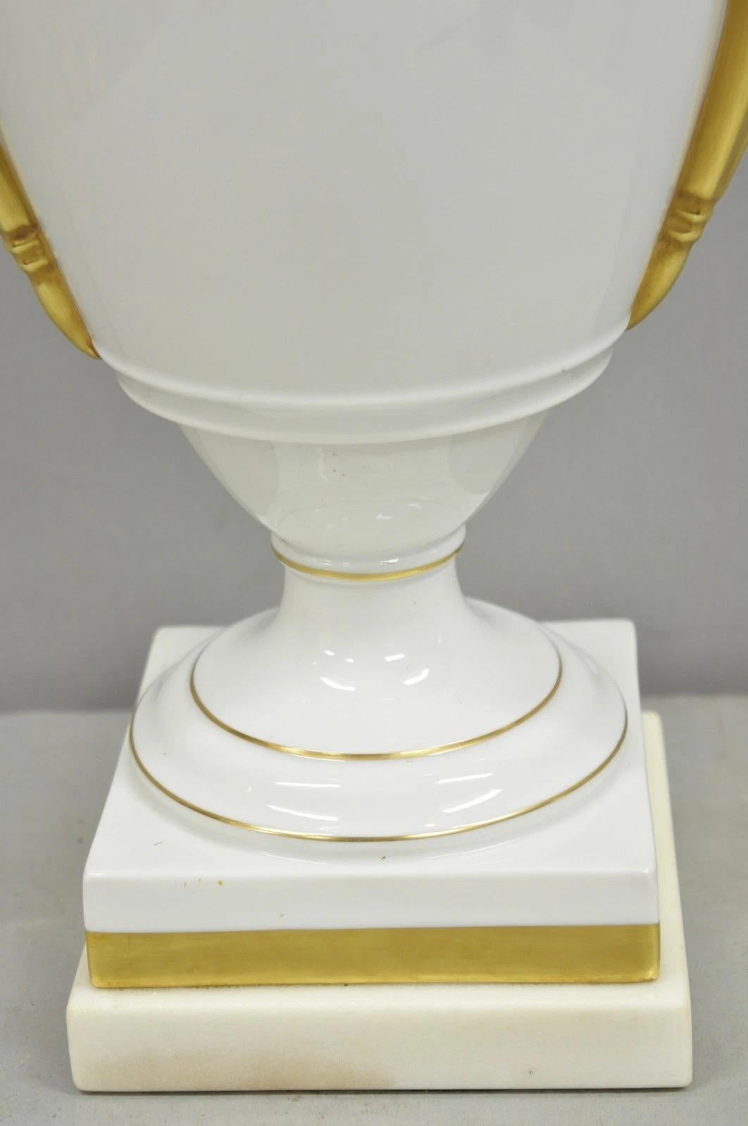 Vintage Italian Regency White Gold French Porcelain Urn Marble Base Table Lamp For Sale 2