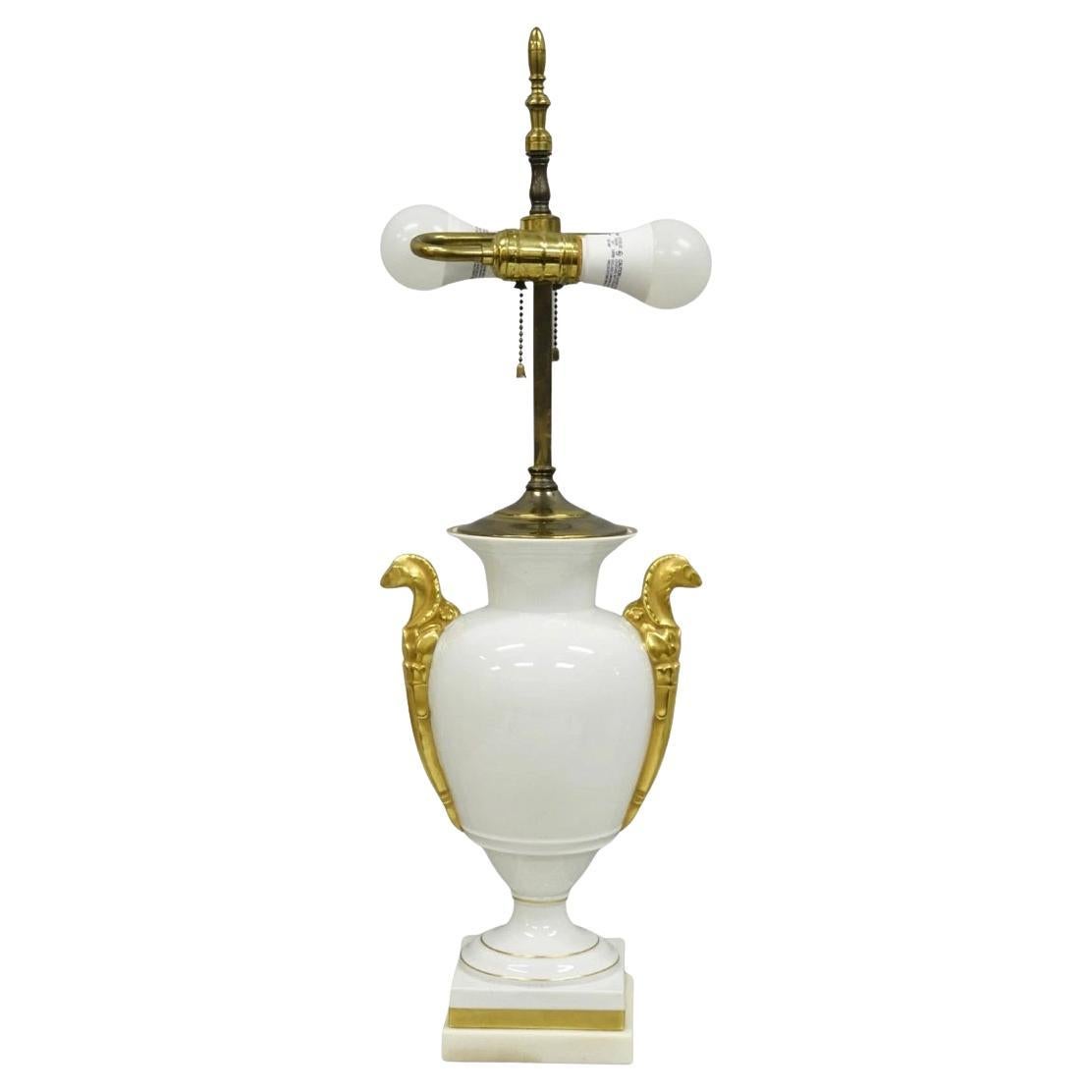 Vintage Italian Regency White Gold French Porcelain Urn Marble Base Table Lamp For Sale