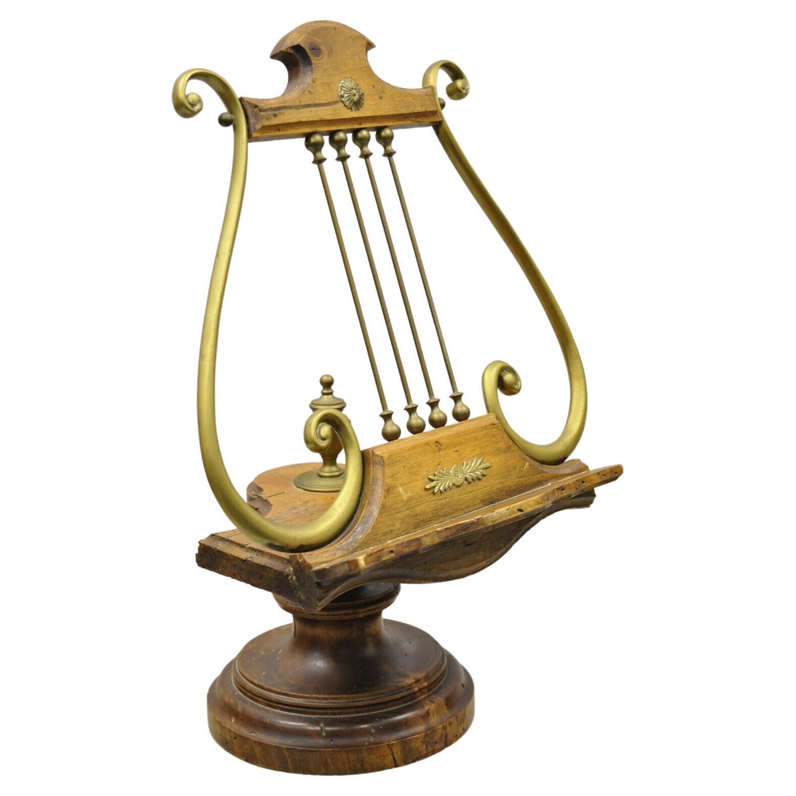 Vintage Italian Regency Wood and Brass Lyre Harp Music Stand For Sale
