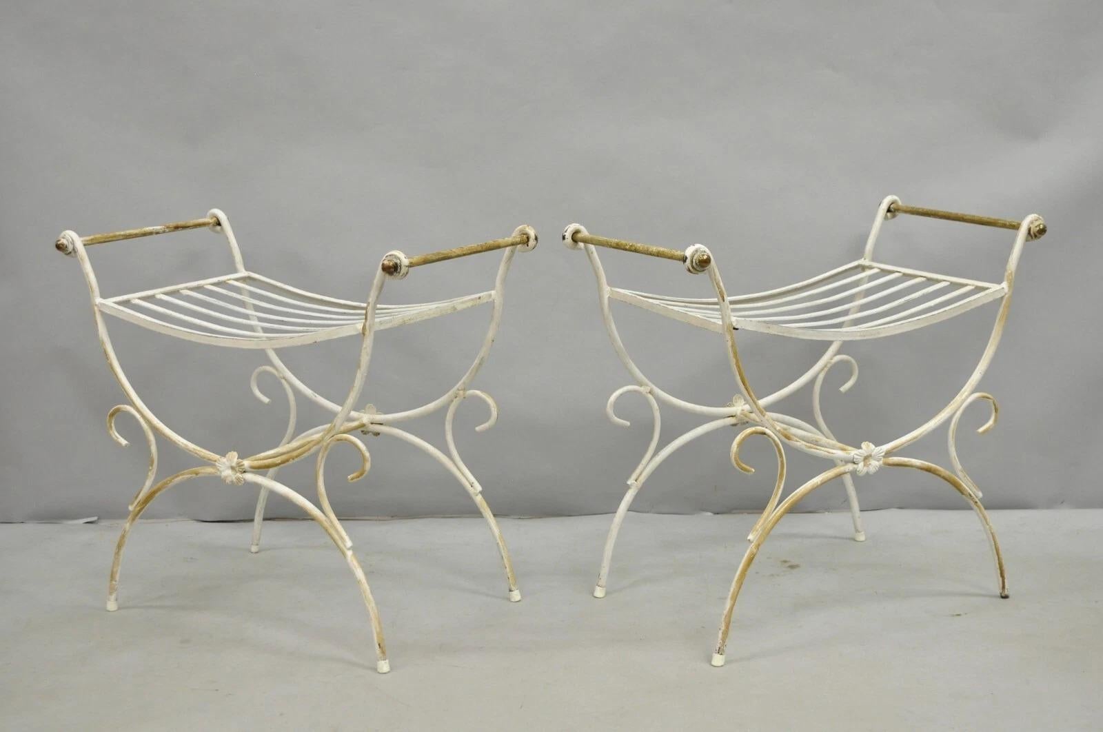 Vintage Italian Regency Wrought Iron & Brass Curule X Frame Stool - a Pair For Sale 7