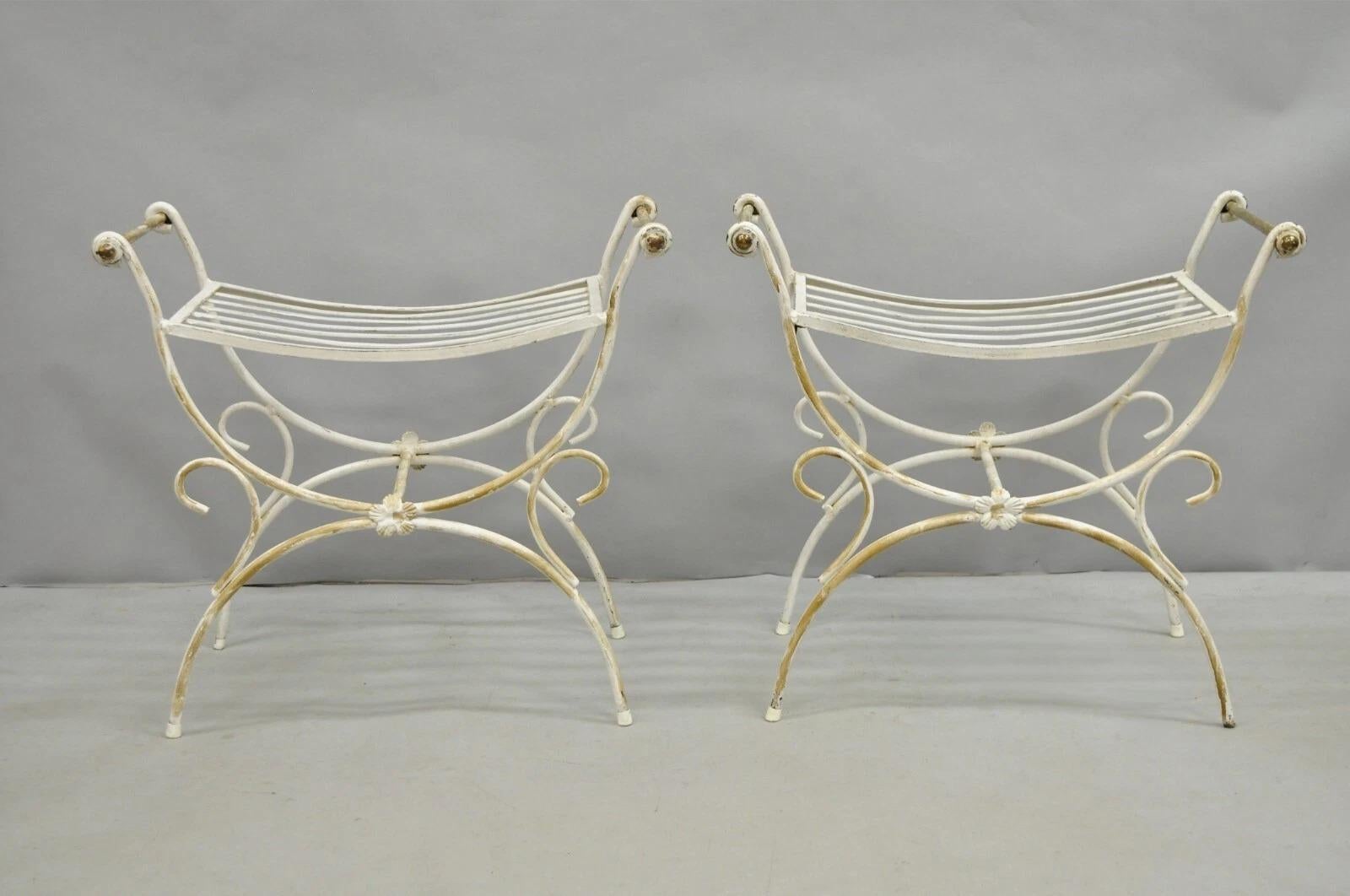 Vintage Italian Regency Style Wrought Iron & Brass Curule X Frame Stools with White Distress Painted Finish - a Pair. Circa Mid 20th Century. Measurements: 22