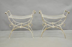 Vintage Italian Regency Wrought Iron & Brass Curule X Frame Stool - a Pair