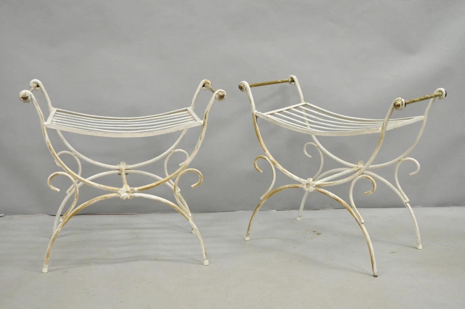 Unknown Vintage Italian Regency Wrought Iron & Brass Curule X Frame Stool - a Pair For Sale