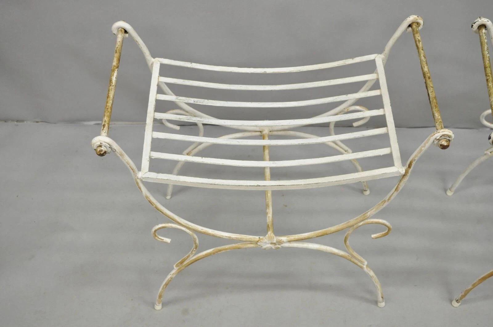 Vintage Italian Regency Wrought Iron & Brass Curule X Frame Stool - a Pair In Good Condition For Sale In Philadelphia, PA