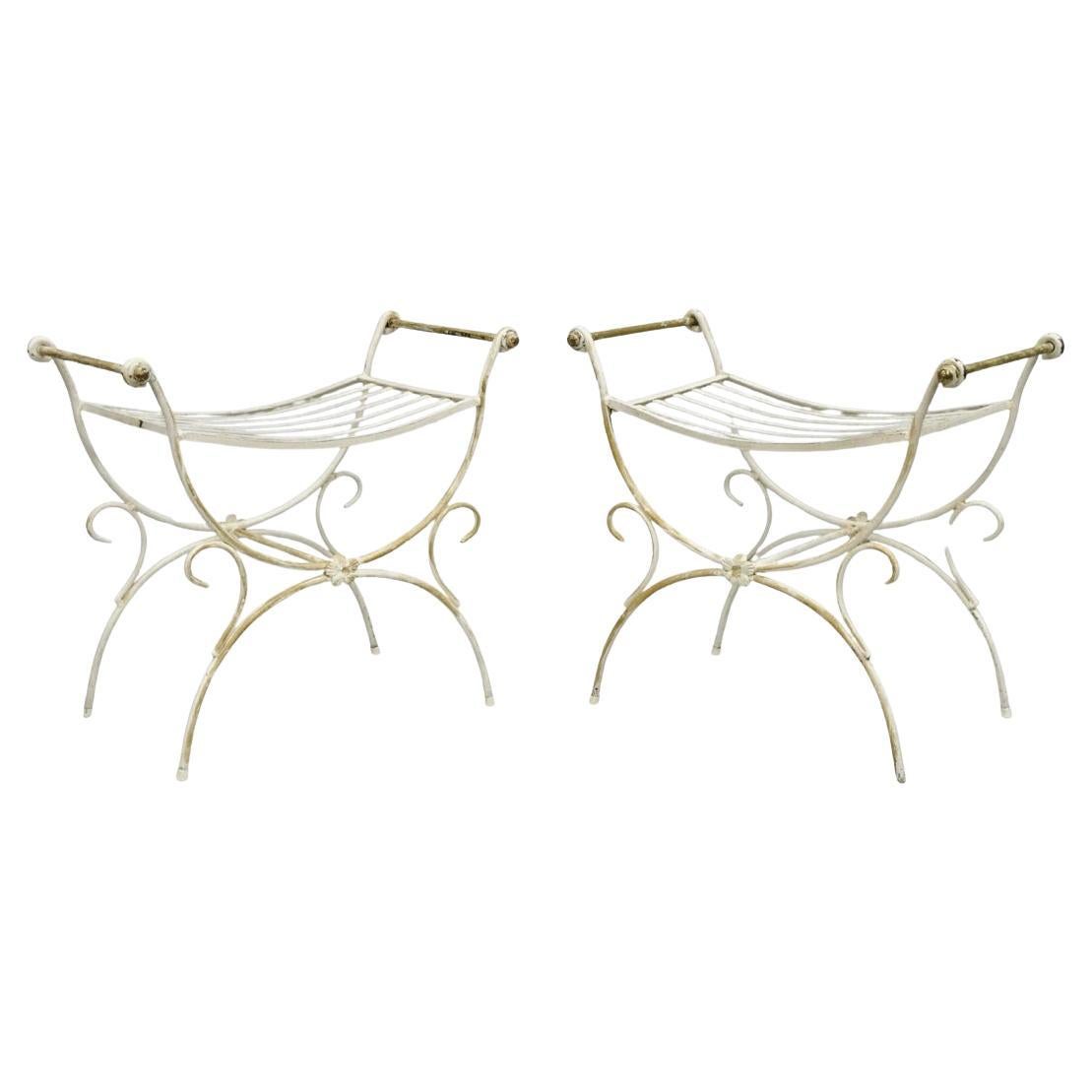 Vintage Italian Regency Wrought Iron & Brass Curule X Frame Stool - a Pair For Sale