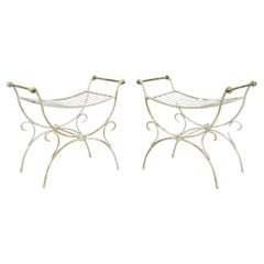 Vintage Italian Regency Wrought Iron & Brass Curule X Frame Stool - a Pair