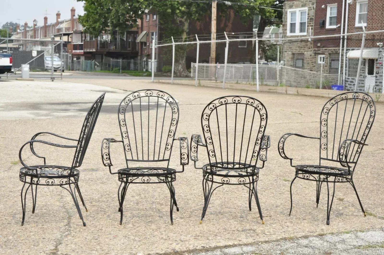 Unknown Vintage Italian Regency Wrought Iron Fan Back Sunroom Dining Chairs - Set of 4 For Sale