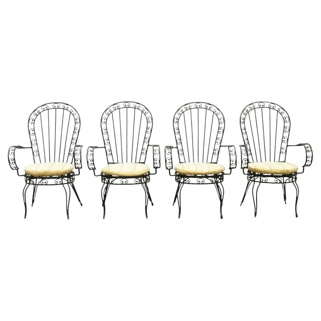 Vintage Italian Regency Wrought Iron Fan Back Sunroom Dining Chairs - Set of 4