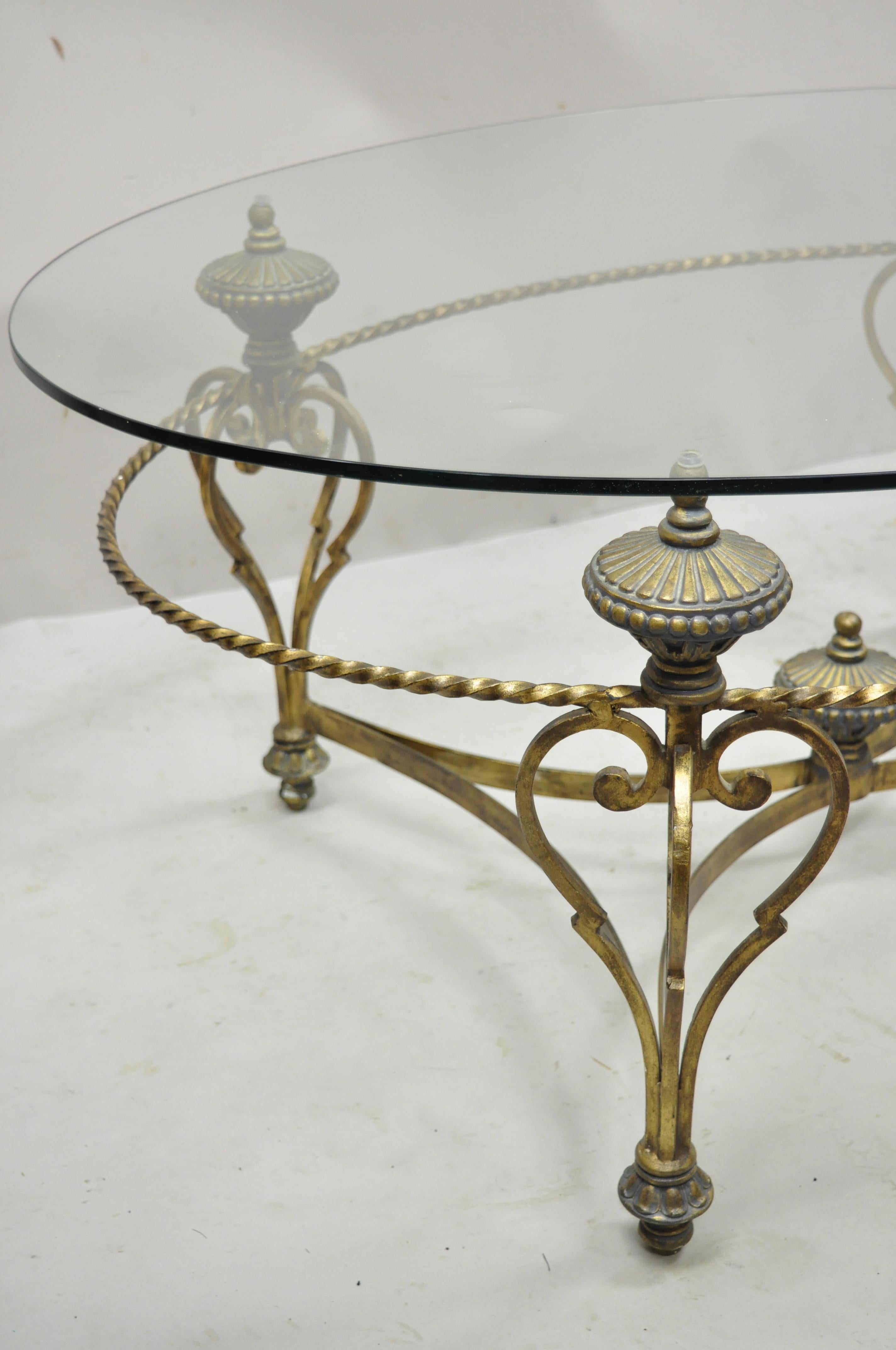 Vintage Italian Regency Wrought Iron Oval Glass Top Urn Finial Coffee Table 3